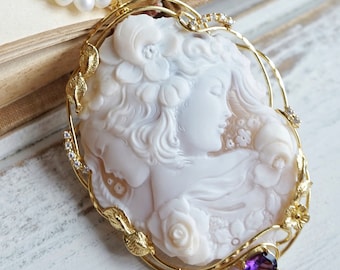 MTO Echte cameo sieraden ketting, 2 meisjesgezichten gemaakt in Italië, zilver sterling 925, persoonlijk cadeau voor haar, bruidsbruiloft sieraden