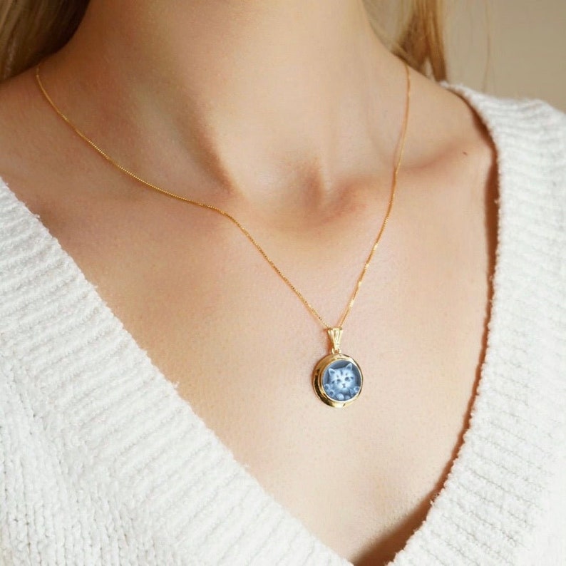 Collier bijoux camée, agate bleue, bijoux en argent minimalistes, fabriqué en Italie, cadeau unique fait main, thème chat image 4