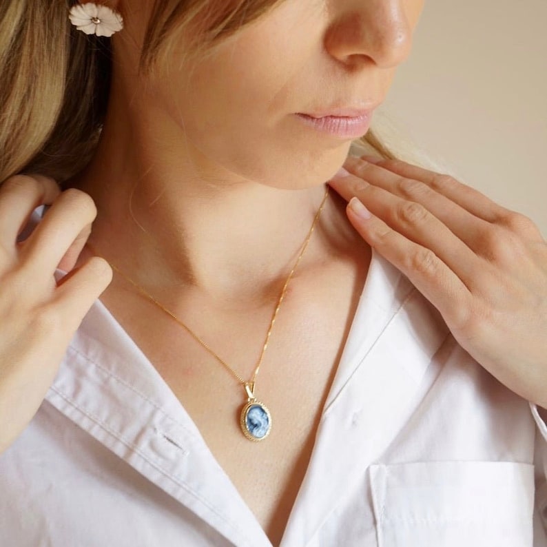 Collier camée en argent doré, Agata bleue fabriqué en Italie, cadeau personnel pour elle, authentique italien, pour les mariages image 8