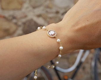 MTO - Pulsera de perlas Cameo, joyería hecha a mano, regalo de boda y aniversario, pulsera de oro minimalista, regalos personalizados, hecho en Italia