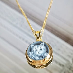 Collar de joyería Cameo, ágata azul, joyería de plata minimalista, hecho en Italia, regalo único hecho a mano, tema de gato imagen 3