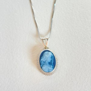Blue cameo silver necklace, made in Italy, personalized gift for her, agate, wedding jewelry, victorian and vintage feel image 6