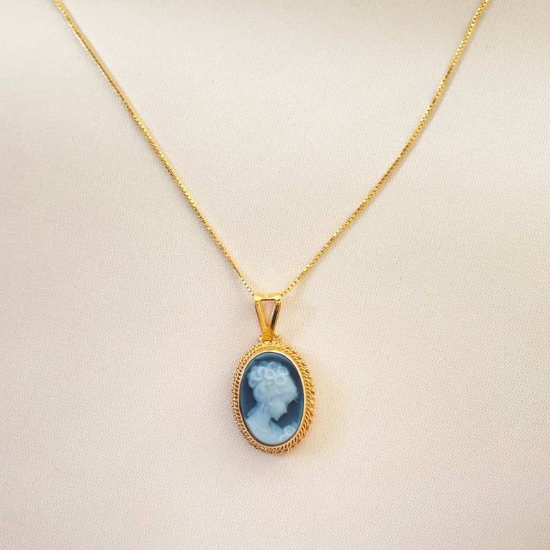 Blue cameo golden necklace, silver jewelry, made in Italy, personalised gift for her, agate genuine Italian cameo, cameo set, cameo necklace image 8