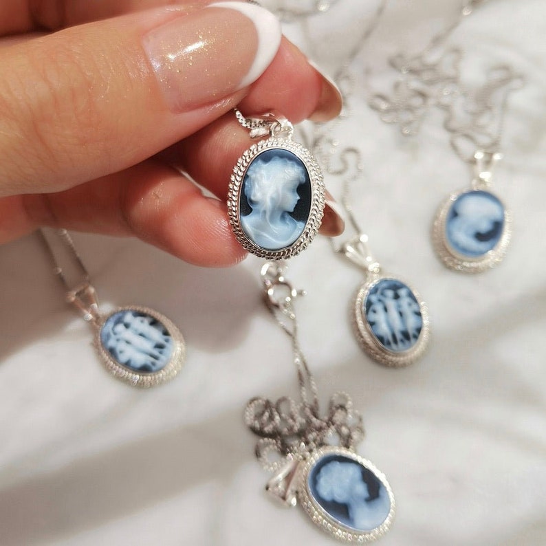 Blue cameo silver necklace, made in Italy, personalized gift for her, agate, wedding jewelry, victorian and vintage feel image 8