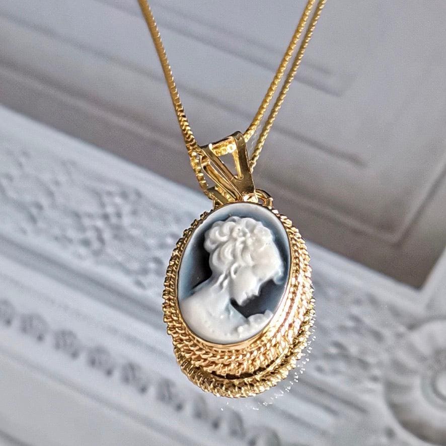 Blue cameo golden necklace, silver jewelry, made in Italy, personalised gift for her, agate genuine Italian cameo, cameo set, cameo necklace