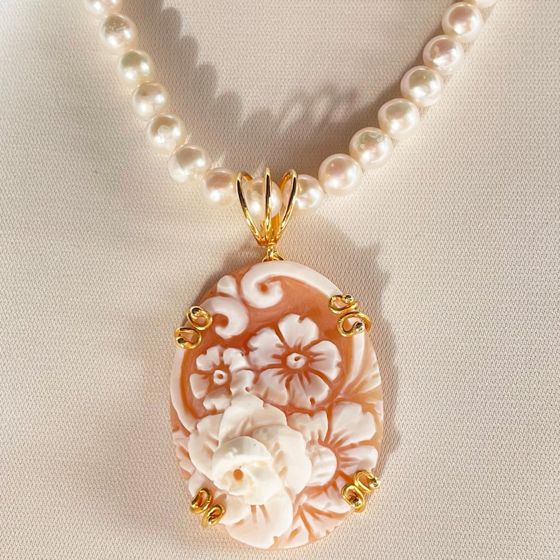 Collier de perles d'eau douce camées roses florales, cadeau personnalisé pour elle, collier de mariée, mariage, véritable fabrication italienne, cadeau pour mère image 4