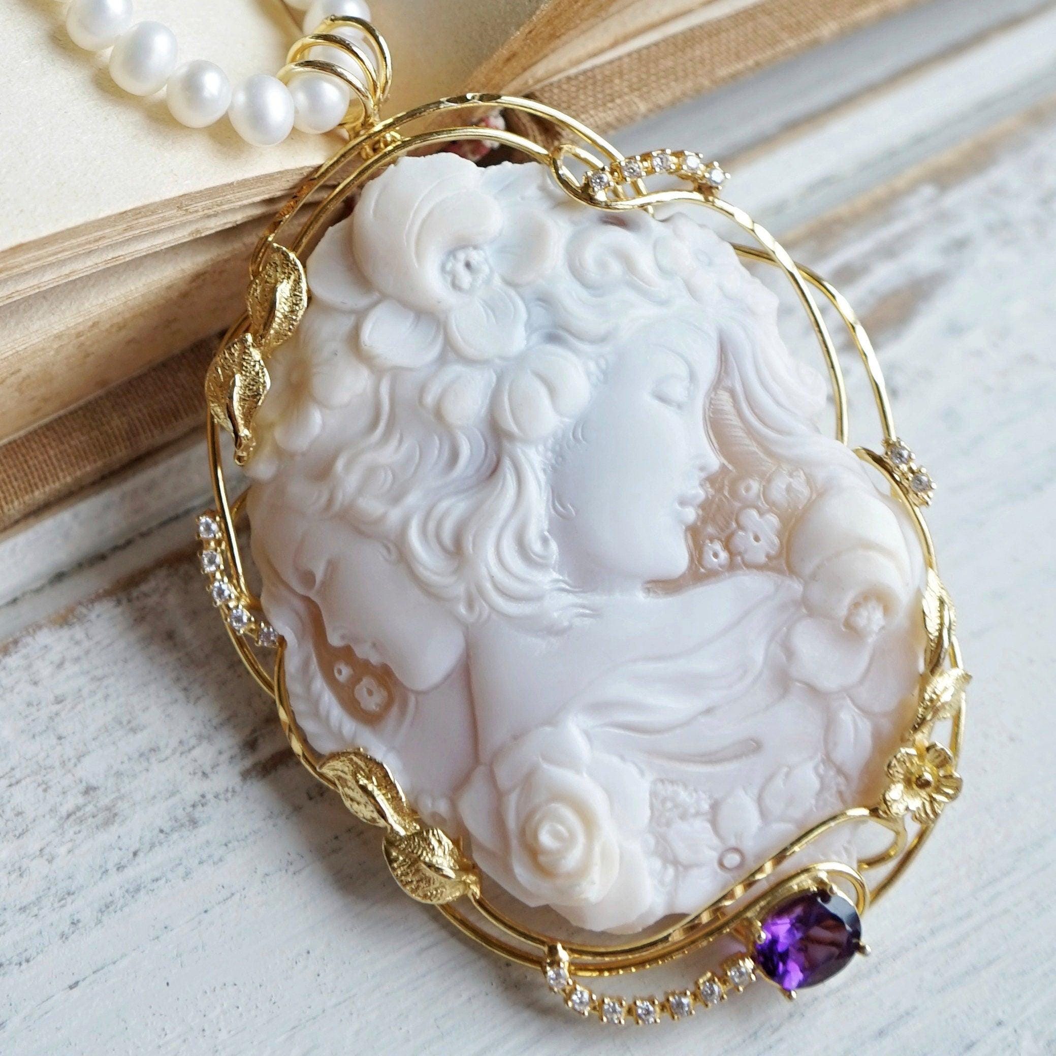 本物のカメオジュエリーネックレス、姉妹への贈り物、18K