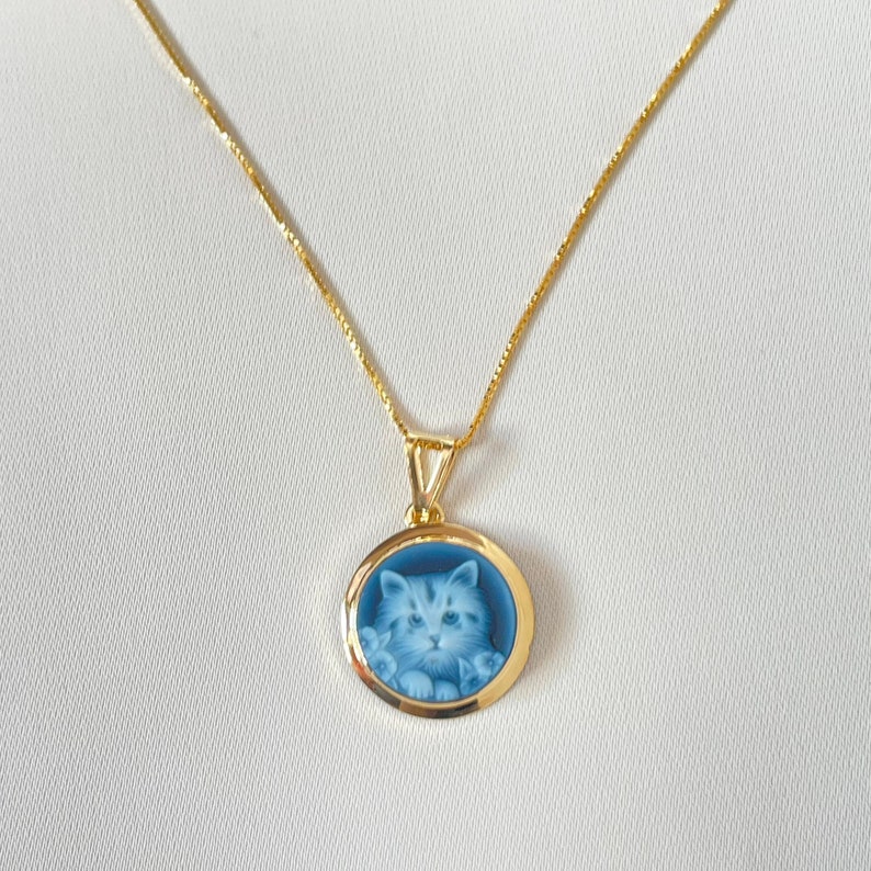 Collar de joyería Cameo, ágata azul, joyería de plata minimalista, hecho en Italia, regalo único hecho a mano, tema de gato imagen 8