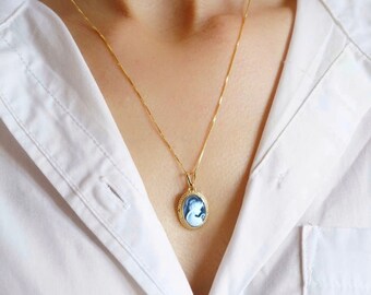 Blauwe cameo gouden ketting, zilveren sieraden, gemaakt in Italië, gepersonaliseerd cadeau voor haar, agaat, Victoriaans en vintage gevoel