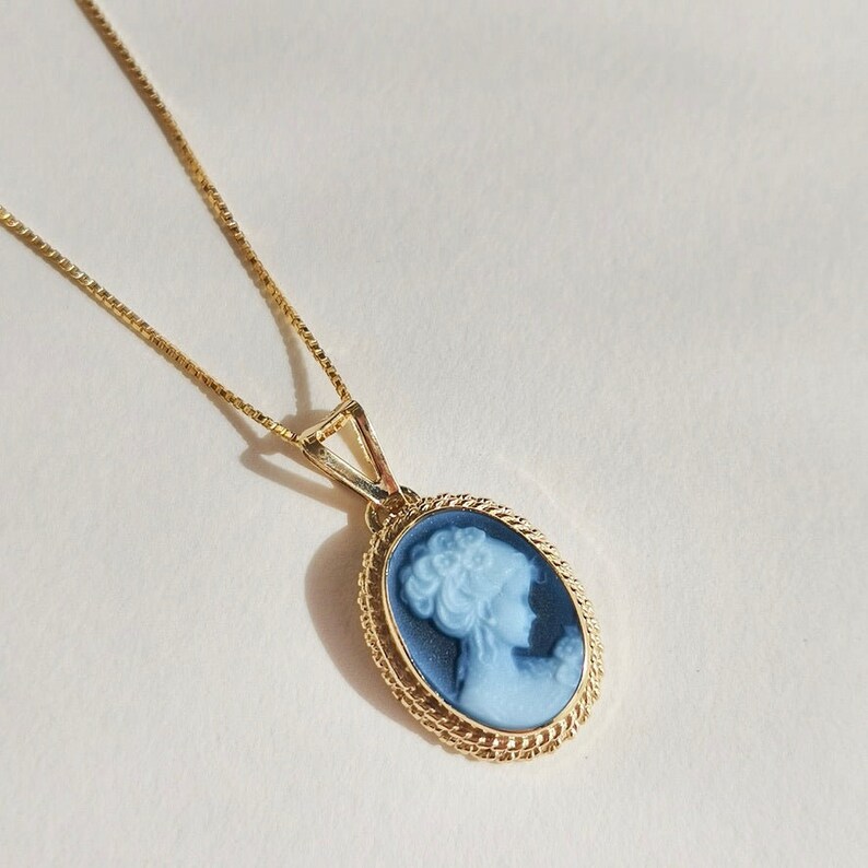 Blue cameo golden necklace, silver jewelry, made in Italy, personalised gift for her, agate genuine Italian cameo, cameo set, cameo necklace image 4