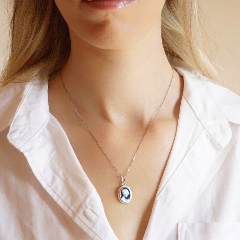 Blue cameo silver jewelry, minimalist necklace, made in Italy, personalized gift for her, wedding gift necklace, vintage style image 6