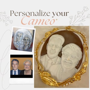 Personnalisez votre camée, portrait de camée, cadeau de mariage, cadeau d'anniversaire, fait main en Italie, sculpté à la main sur un coquillage image 1