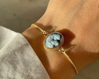 Bracelet fait main camée bleu, bracelet doré argenté, fabriqué en Italie, cadeau unique pour elle, thème mère et fils, véritable camée italien