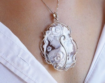 MTO Echte Cameo-Schmuckhalskette, hergestellt in Italien, Silber Sterling 925, persönliches Geschenk für sie, Braut-Hochzeitsschmuck