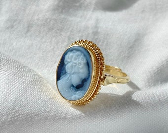 Blue cameo ring, adjustable golden band, silver sterling 925, gift for her, made in Italy, Mother, bride, summer jewellery, gold cameo ring