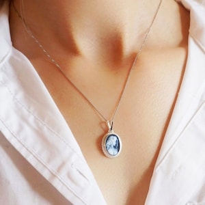 Blue cameo silver necklace, made in Italy, personalized gift for her, agate, wedding jewelry, victorian and vintage feel