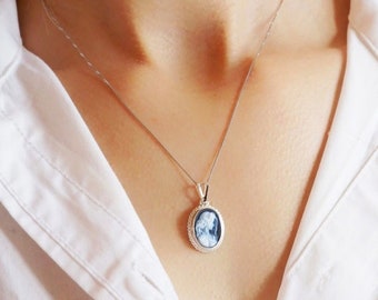 Blue cameo silver necklace, made in Italy, personalized gift for her, agate, wedding jewelry, victorian and vintage feel