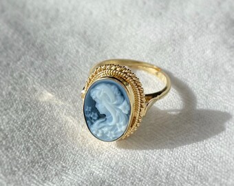 Anillo ajustable cameo azul, plata dorada de primera ley 925, regalo para ella, hecho en Italia, Madre de la novia, estilo victoriano, anillo de cameo de oro