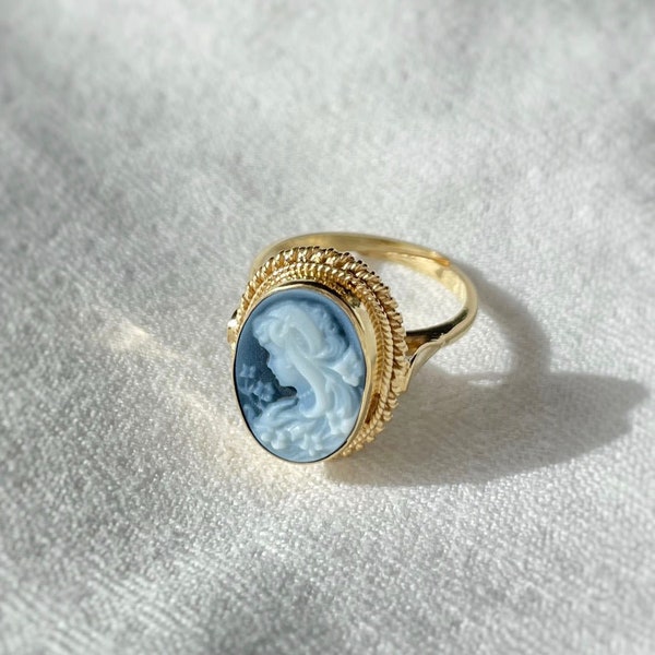 Bague camée bleue réglable, argent sterling doré 925, cadeau pour elle, fabriquée en Italie, mère de la mariée, style victorien, bague camée en or