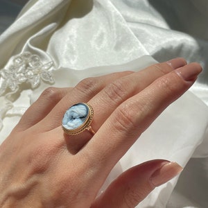Blue cameo adjustable ring, golden silver sterling 925, mother and child, gift for her, made in Italy, Mother of the bride, gold cameo ring image 8