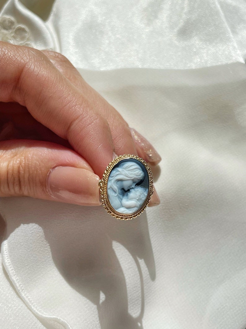 Blue cameo adjustable ring, golden silver sterling 925, mother and child, gift for her, made in Italy, Mother of the bride, gold cameo ring image 10