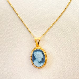 Blue cameo golden necklace, silver jewelry, made in Italy, personalised gift for her, agate genuine Italian cameo, cameo set, cameo necklace image 2