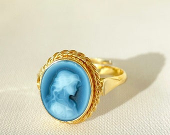 Blue cameo ring, golden silver sterling 925, adjustable, gift for her, made in Italy, handmade ring, anniversary ring