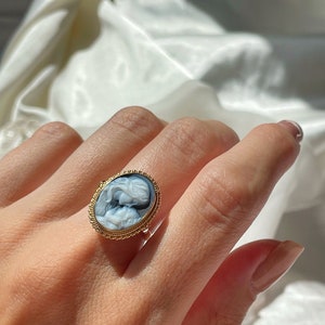 Blue cameo adjustable ring, golden silver sterling 925, mother and child, gift for her, made in Italy, Mother of the bride, gold cameo ring image 2