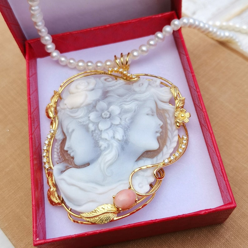 MTO Genuine cameo jewelry necklace, 2 Girls faces made in Italy, silver sterling 925, personal gift for her, bridal wedding jewelry image 6