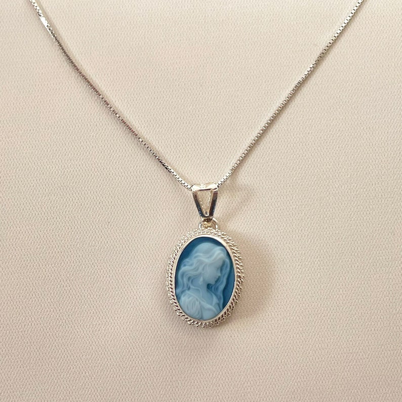 Blue cameo silver necklace, made in Italy, personalized gift for her, agate, wedding jewelry, victorian and vintage feel image 9