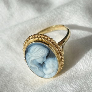 Blue cameo adjustable ring, golden silver sterling 925, mother and child, gift for her, made in Italy, Mother of the bride, gold cameo ring image 6