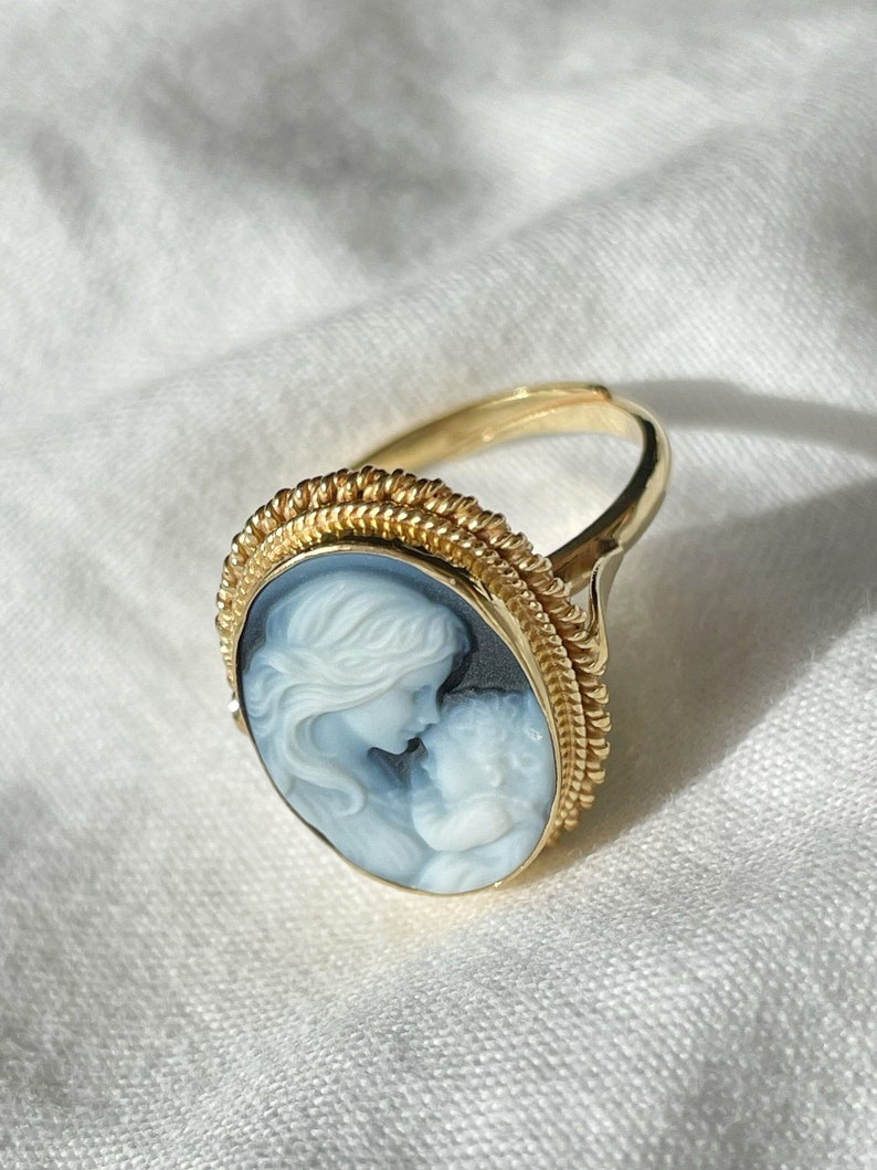 Blue cameo adjustable ring, golden silver sterling 925, mother and child, gift for her, made in Italy, Mother of the bride, gold cameo ring image 6