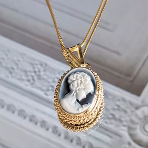 Blue cameo golden necklace, silver jewelry, made in Italy, personalised gift for her, agate genuine Italian cameo, cameo set, cameo necklace image 3