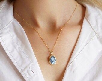 Cameo sieraden gouden zilveren ketting, Blauwe Agata gemaakt in Italië, persoonlijk cadeau voor haar, echt Italiaans, voor bruiloften