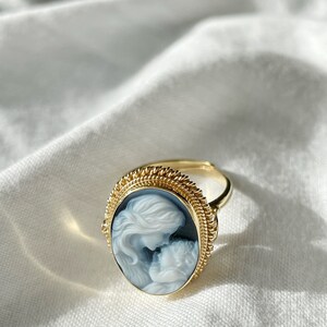 Blue cameo adjustable ring, golden silver sterling 925, mother and child, gift for her, made in Italy, Mother of the bride, gold cameo ring image 4