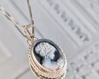 Joyería de plata cameo azul, collar minimalista, hecho en Italia, regalo personalizado para ella, collar de regalo de boda, estilo vintage