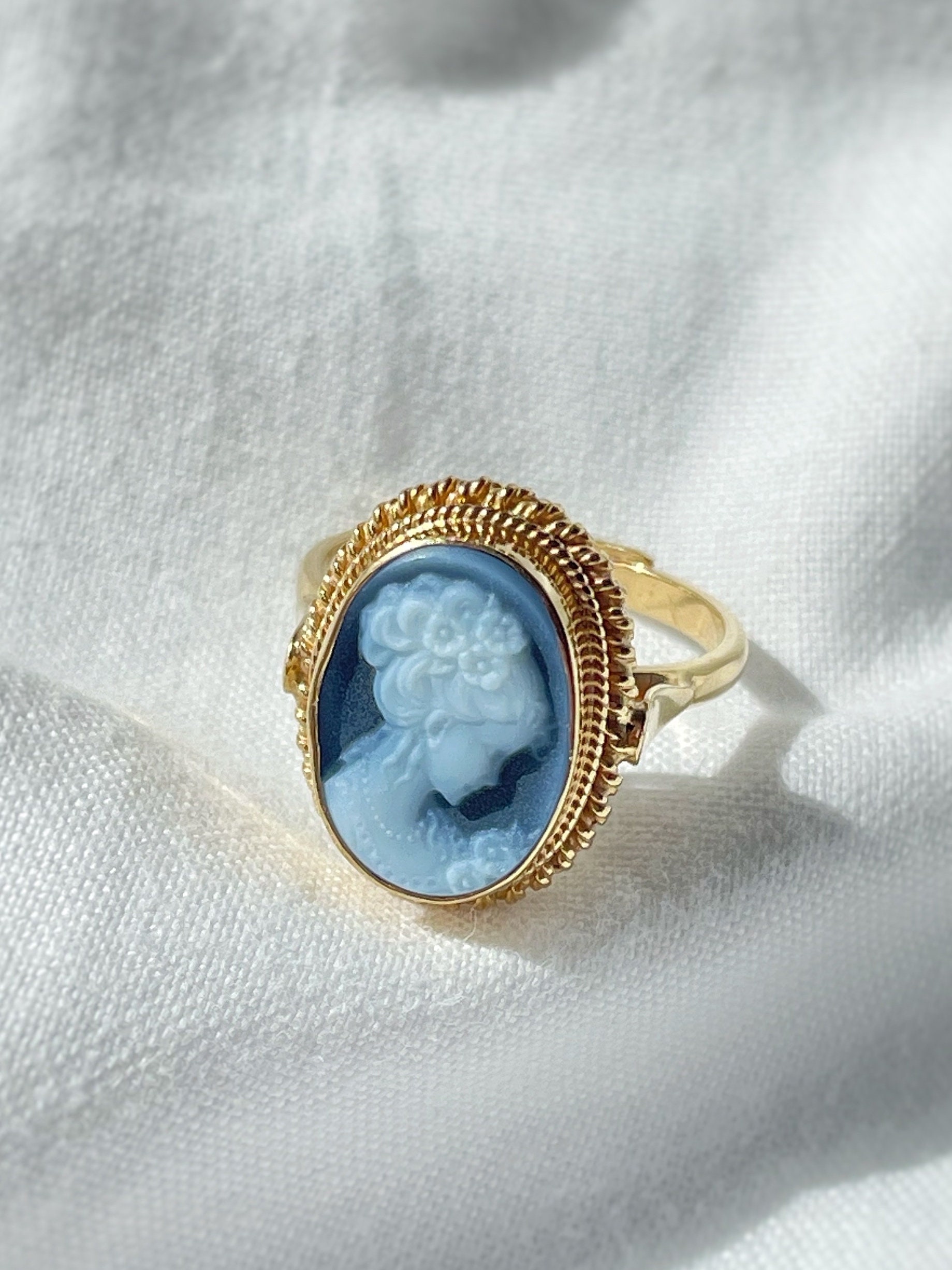 Blue Cameo Ring Adjustable Golden Band Silver Sterling 925 Gift