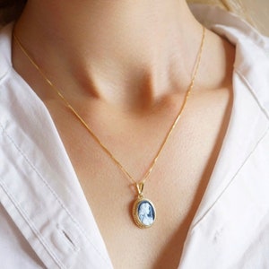 Blue cameo golden necklace, silver sterling, made in Italy, gift for her, agate cameo, bridal necklace, genuine Italian cameo, victorian image 5