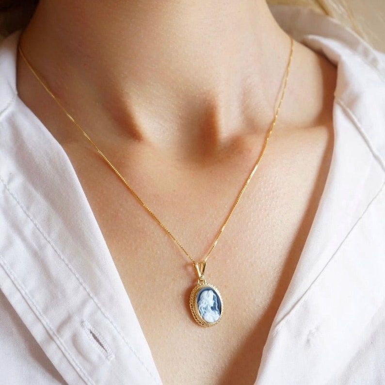 Blauwe cameo gouden ketting, zilveren sterling, gemaakt in Italië, cadeau voor haar, agaat cameo, bruidsketting, echte Italiaanse cameo, Victoriaans afbeelding 5