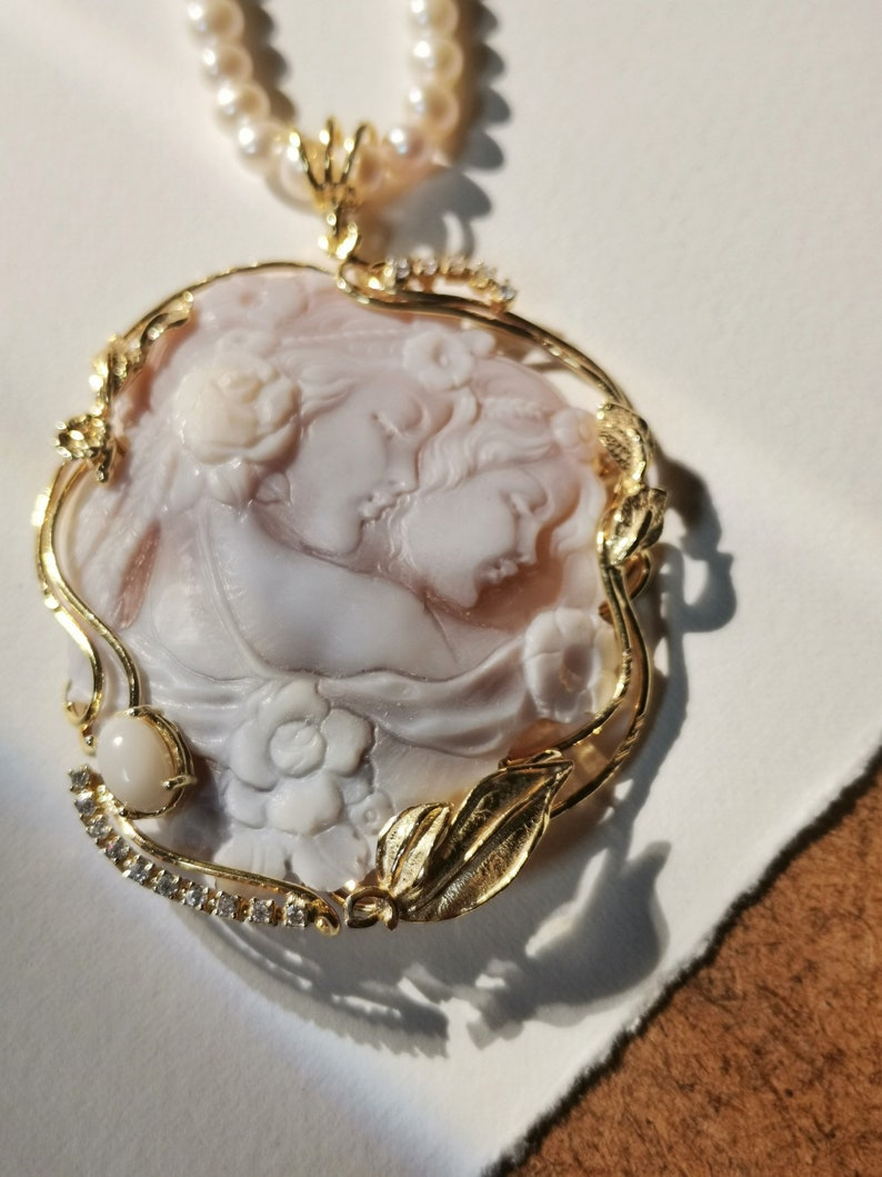 MTO Freshwater pearls sea shell handmade cameo necklace, silver sterling 925, custom gift for her, wedding and anniversary gift image 5