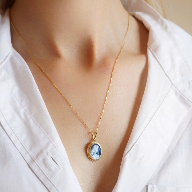 Blue cameo golden necklace, silver sterling, made in Italy, gift for her, agate cameo, bridal necklace, genuine Italian cameo, victorian image 3