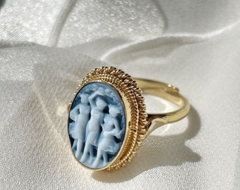 De drie gratiën, blauwe cameo ring, verstelbare gouden band, zilver sterling 925, cadeau voor haar, gemaakt in Italië, moeder, bruid, zomersieraden