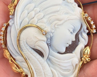 MTO Echte cameo sieraden ketting, Flamingo en meisje gemaakt in Italië, zilver sterling 925, persoonlijk cadeau voor haar, bruidsbruiloft sieraden