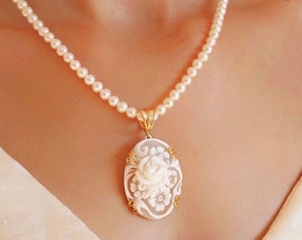 Collar de perlas de agua dulce con cameo floral rosa, regalo personalizado para ella, collar nupcial, boda, genuino hecho en Italia, regalo para la madre