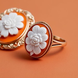 Floral Cameo Ring, hergestellt in Italien, Geburtsblume Ring, handgefertigter Ring, wasserdichter Schmuck, einzigartiges handgemachtes Geschenk für Tochter, Ring 18K Gold