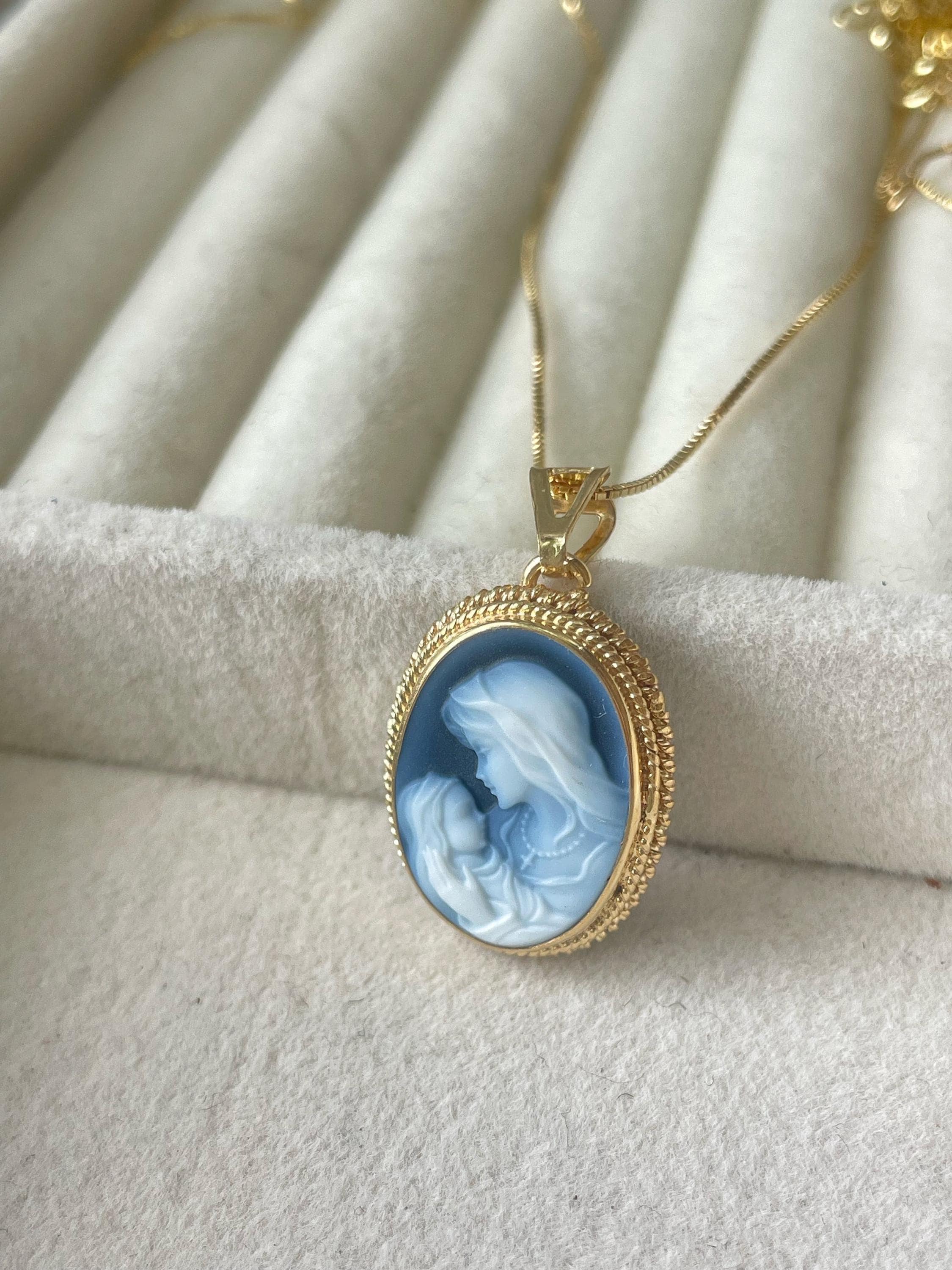 Mother & Child Blue Cameo Necklace, 18k Gold, Made in Italy