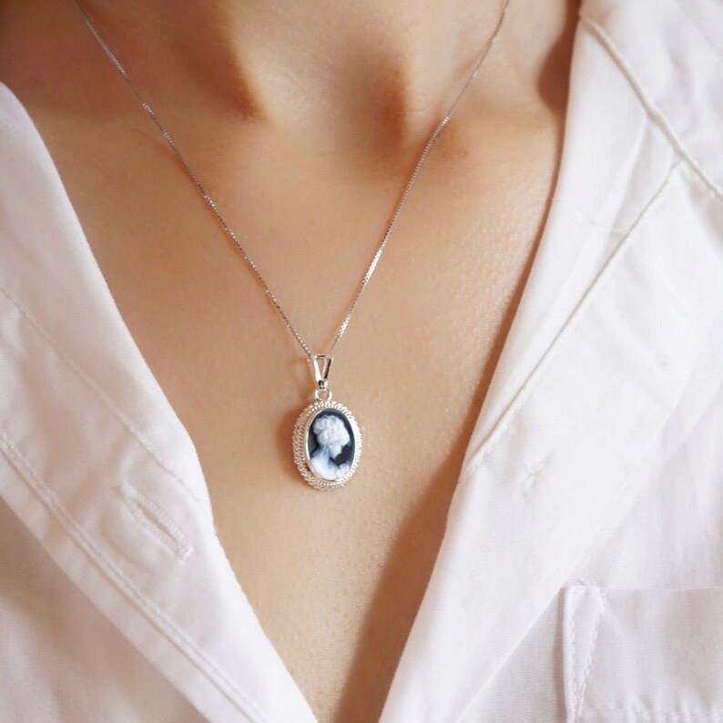 Blue cameo silver jewelry, minimalist necklace, made in Italy, personalized gift for her, wedding gift necklace, vintage style image 5