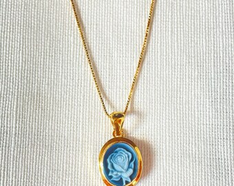 Blue agate cameo rose necklace, golden silver jewelry, MADE IN ITALY, gift for her, Victorian minimalist style jewelry