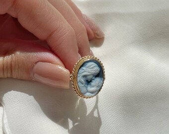 Blue cameo adjustable ring, golden silver sterling 925, mother and child, gift for her, made in Italy, Mother of the bride, gold cameo ring