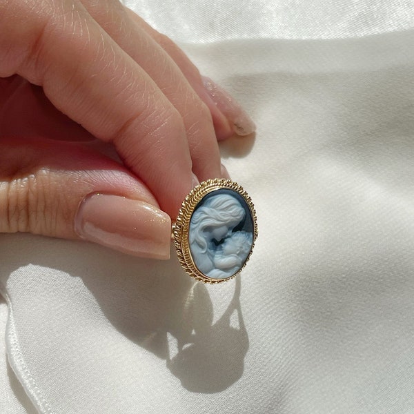 Bague camée bleue réglable, argent sterling doré 925, mère et enfant, cadeau pour elle, fabriquée en Italie, mère de la mariée, bague camée en or